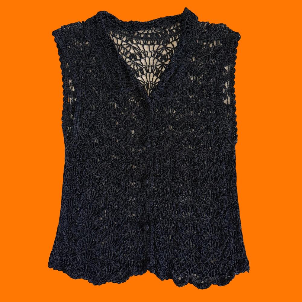 90's vintage black minimalist crochet knit collared button up blouse XS/S